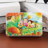 A colorful jigsaw puzzle featuring wooden animals and vehicles for kids set against a bright outdoor background.