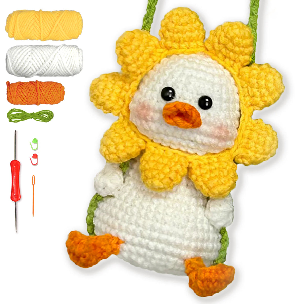 A beginner crochet kit for an amigurumi animal featuring a yellow flower-like face and white body.