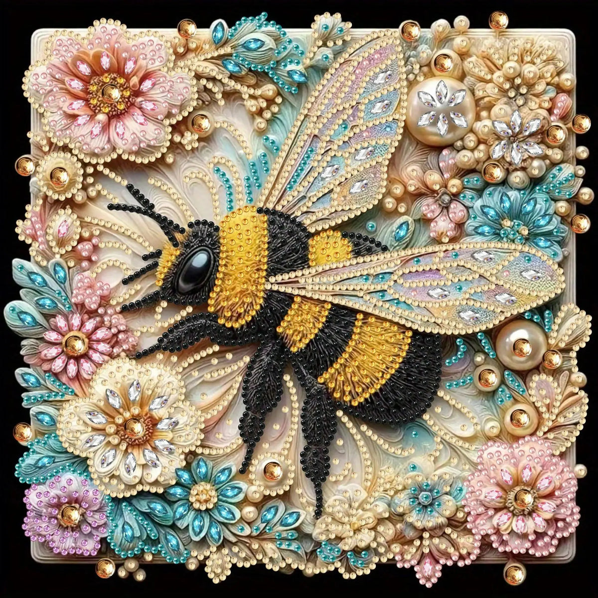 A detailed diamond art kit featuring a bee, with intricate floral and textured elements in shades of gold, pink, black, and b