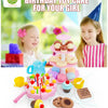 A colorful DIY pretend play birthday cake tea set for kids featuring cupcakes, cookies, and frosting on pink and yellow stand