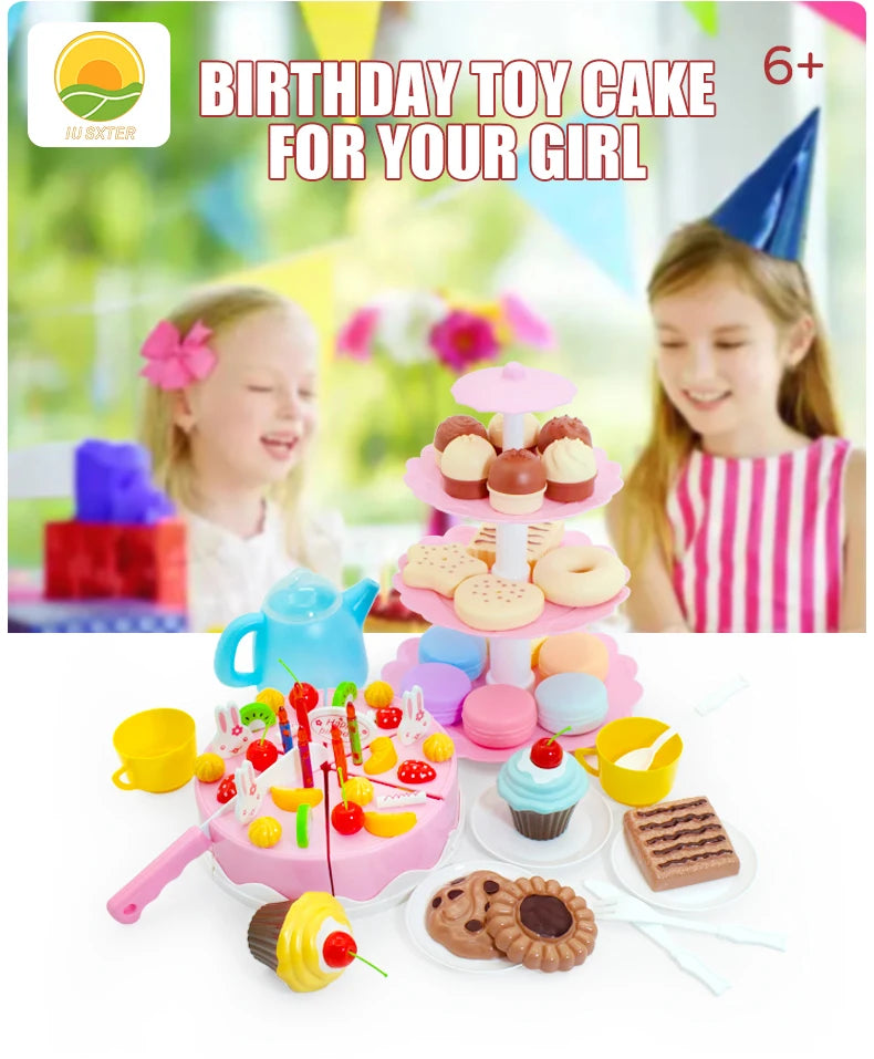 A colorful DIY pretend play birthday cake tea set for kids featuring cupcakes, cookies, and frosting on pink and yellow stand