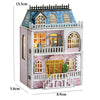 A pink princess villa wooden dollhouse kit featuring a multi-story structure with decorative windows and LED lights.