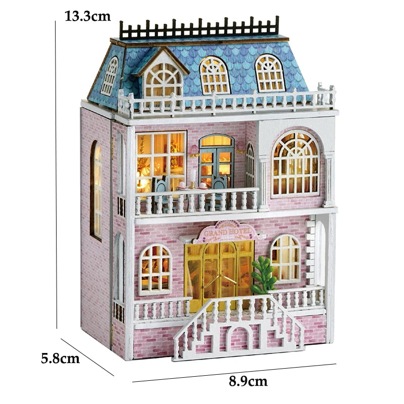 A pink princess villa wooden dollhouse kit featuring a multi-story structure with decorative windows and LED lights.