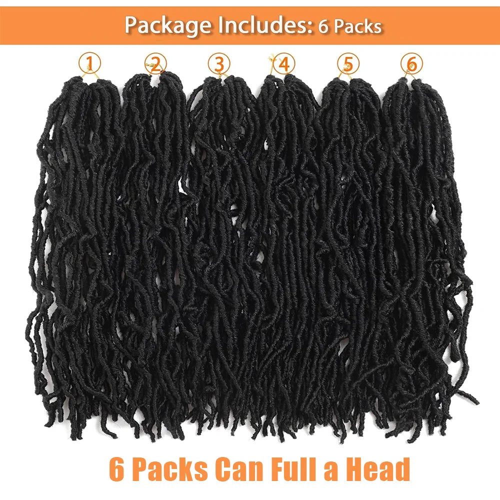 Six packs of black faux loc crochet hair strands displayed for sale.