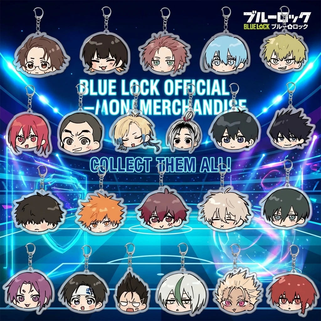 A collection of acrylic keychains featuring characters from Blue Lock including Isagi, Bachira, and Kunigami.