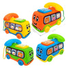 An orange and blue interactive bus car toy with a phone and keyboard for toddlers.