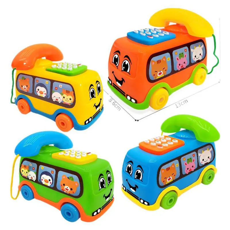 An orange and blue interactive bus car toy with a phone and keyboard for toddlers.