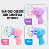 A collection of automatic bubble guns in violet, pink, and blue colors with soft fan blades for kids.
