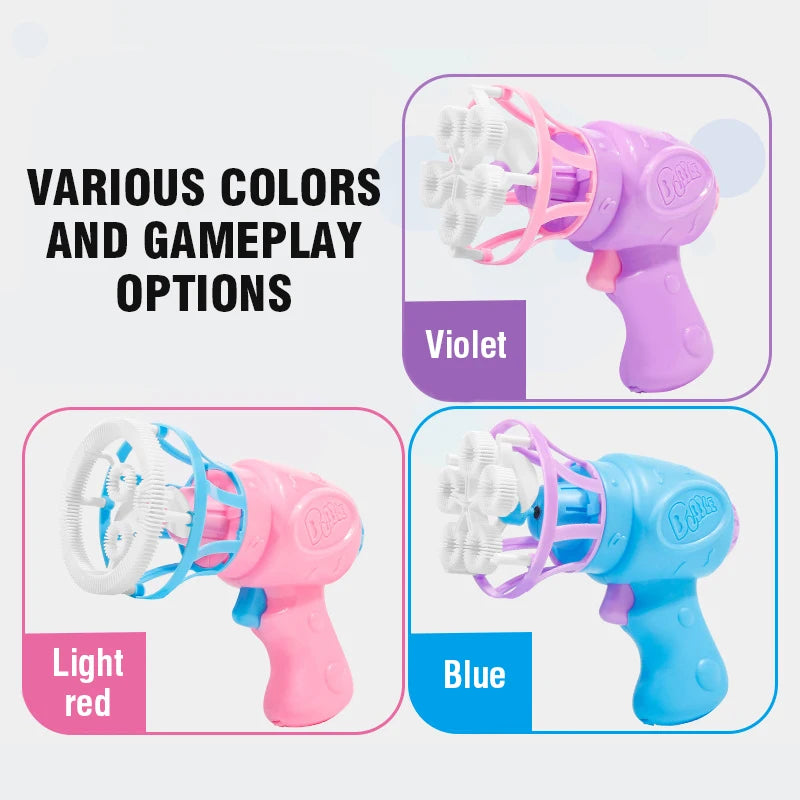 A collection of automatic bubble guns in violet, pink, and blue colors with soft fan blades for kids.