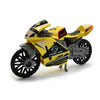 A yellow and black vintage-style pull-back motorcycle toy car for kids.