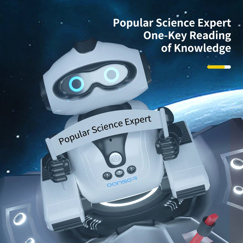 A white robot toy with glowing blue eyes is shown in a close-up, set against a dark background.