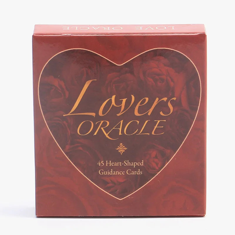 A box of Lovers Oracle tarot card deck featuring a heart-shaped design and guidance cards.