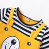 A yellow baby romper with black and white stripes and a bear face print.