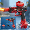 A transparent red electric water blaster toy gun with flame effects is shown in a splash of water.
