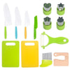 A set of safe plastic play knives and a yellow cutting board for children