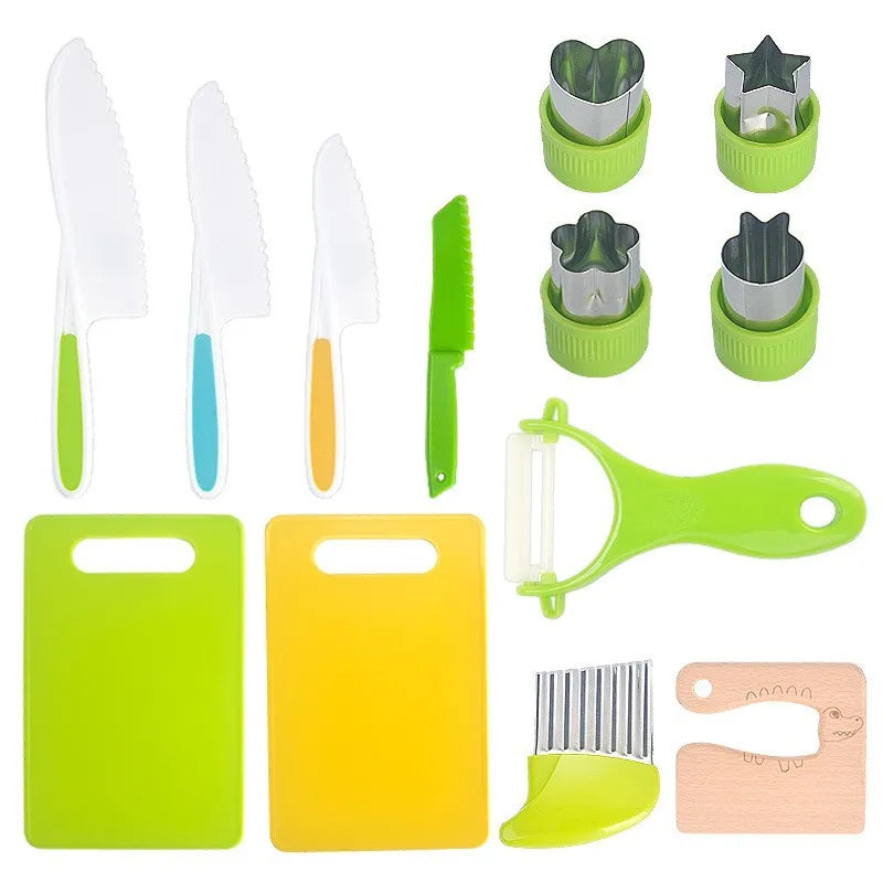 A set of safe plastic play knives and a yellow cutting board for children