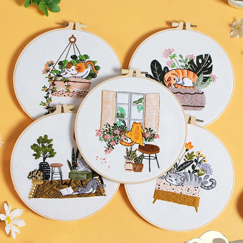 Beginner Embroidery Kit with Floral and Cat Patterns