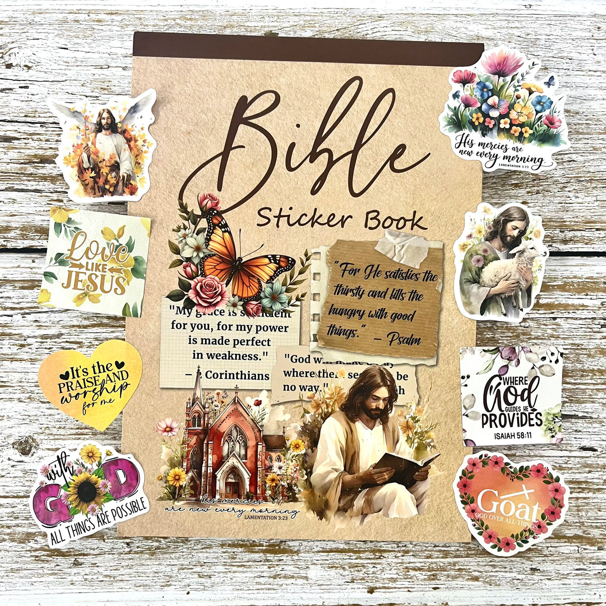 A brown sticker book featuring inspiring Christian verses and illustrations for journaling and decor