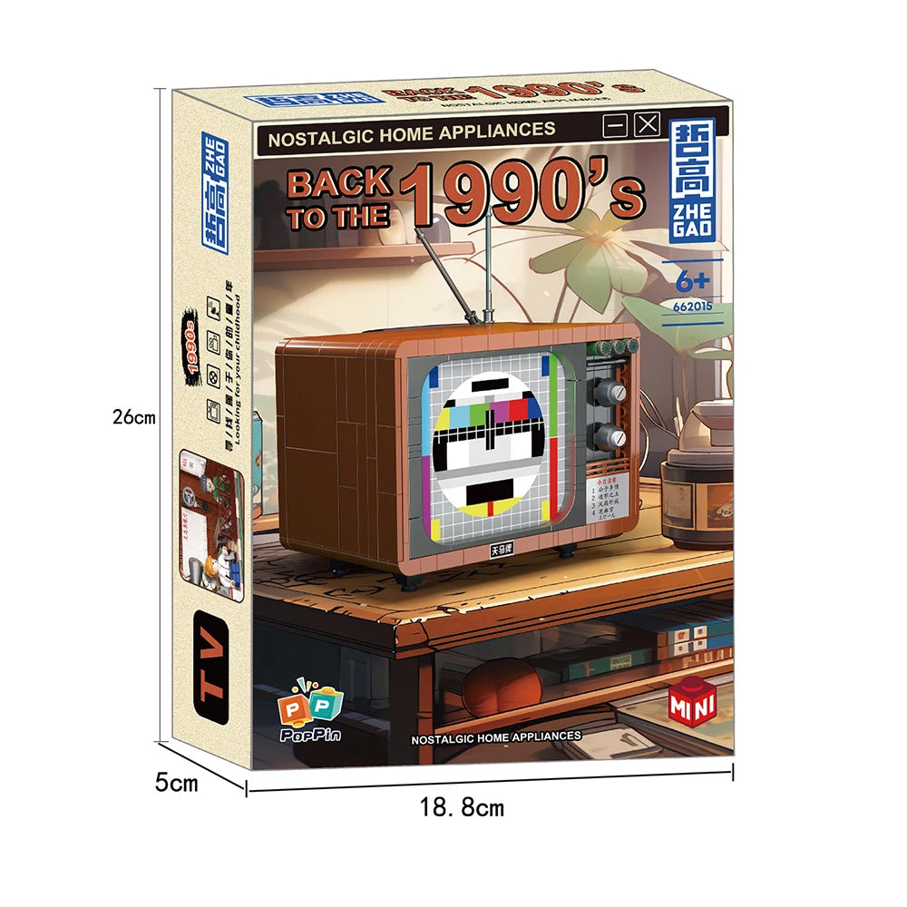A nostalgic home appliance set featuring a vintage radio and related items, packaged for building blocks.