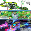 A buildable toy dinosaur race car track set featuring a winding course with colored lights.