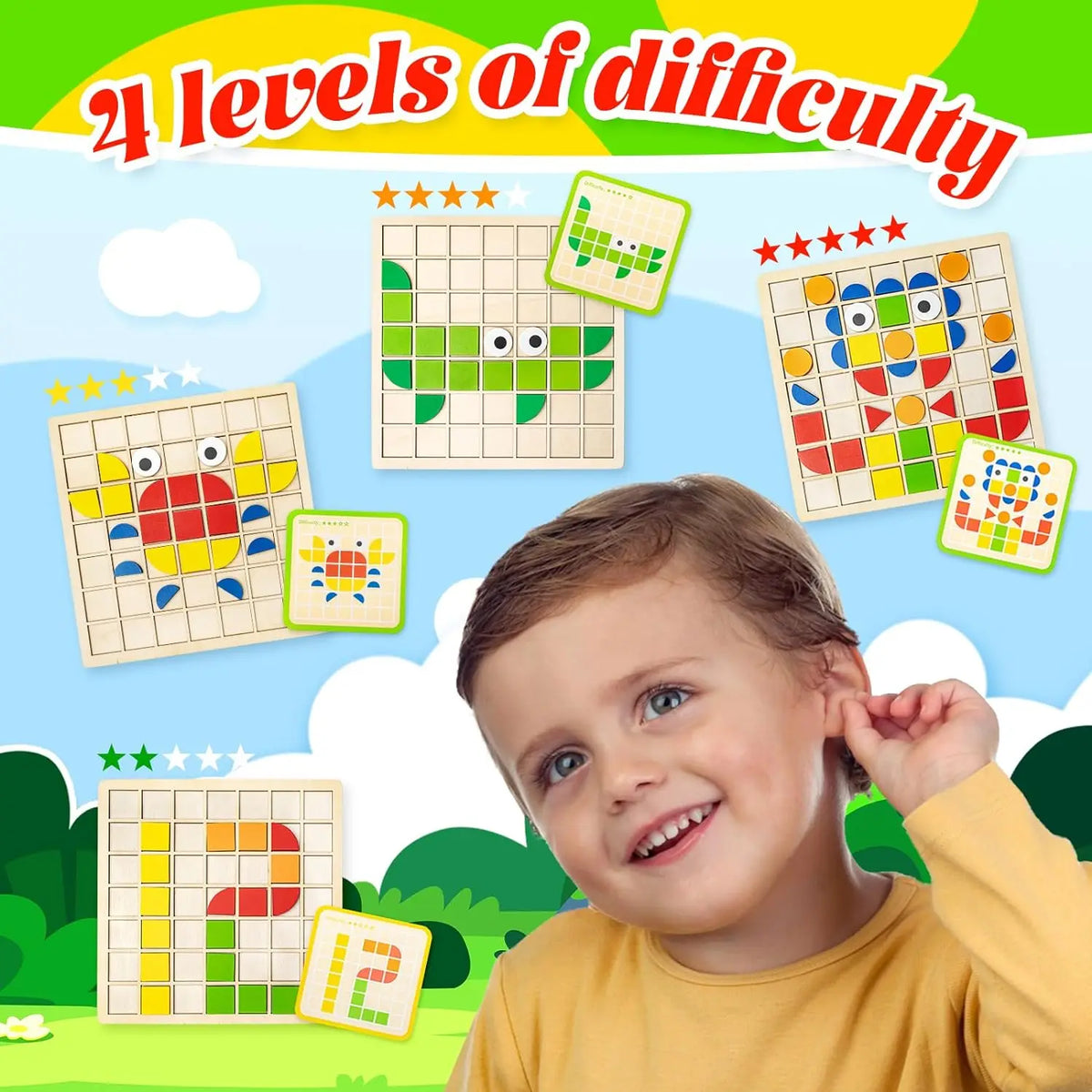 Wooden Mosaic Puzzle Set for Toddlers – Montessori Shape & Color Learning Toy