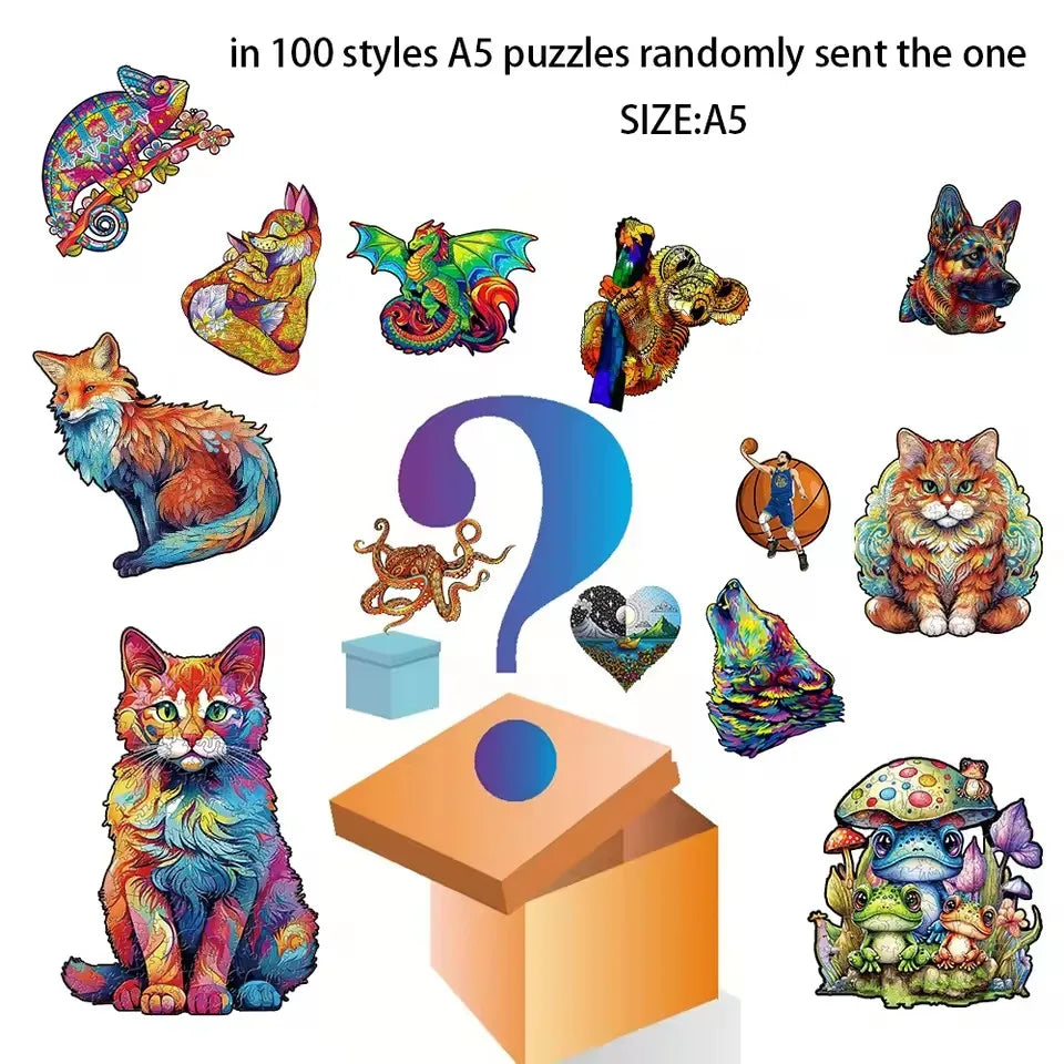 A collection of 100 styles of A5 puzzles featuring various wooden animal figures like a bird, cat, and bee.
