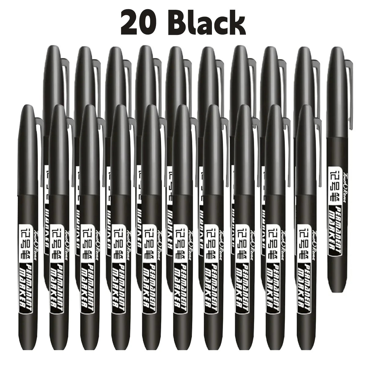 A pack of 20 black permanent fine-tip markers displayed in a row.