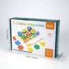 A box of a 2-in-1 6-set wooden fishing column preschool puzzle game featuring colorful geometric shape blocks.