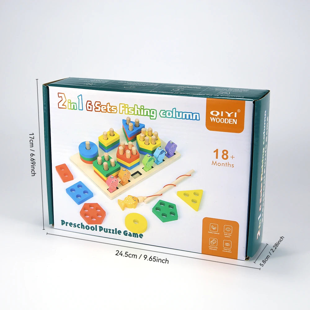 A box of a 2-in-1 6-set wooden fishing column preschool puzzle game featuring colorful geometric shape blocks.