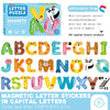 A box of magnetic letter stickers featuring uppercase letters and animal shapes for educational puzzles