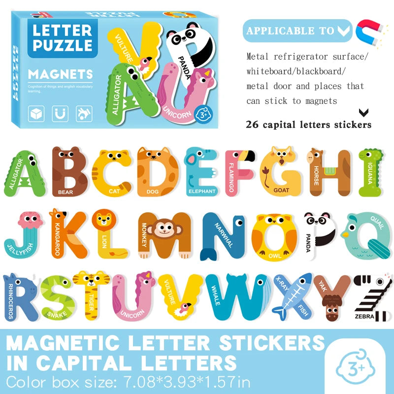 A box of magnetic letter stickers featuring uppercase letters and animal shapes for educational puzzles