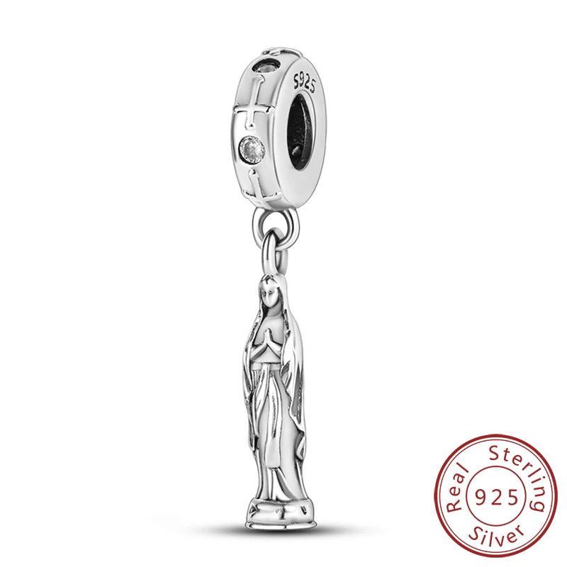 Sterling silver charm beads set featuring cross, angel, and evil eye designs for DIY jewelry making