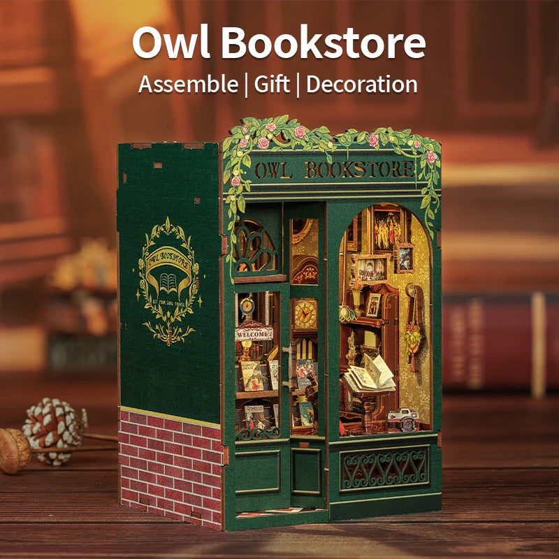 Owl Bookstore Miniature Book Nook DIY Kit with LED Lighting