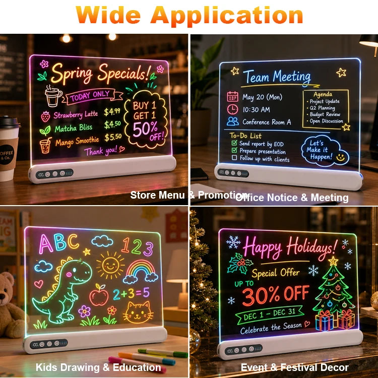 A rechargeable LED drawing board showing various seasonal and themed designs for kids