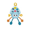 A light blue silicone sensory toy shaped like a head with yellow pull strings and colorful buttons.