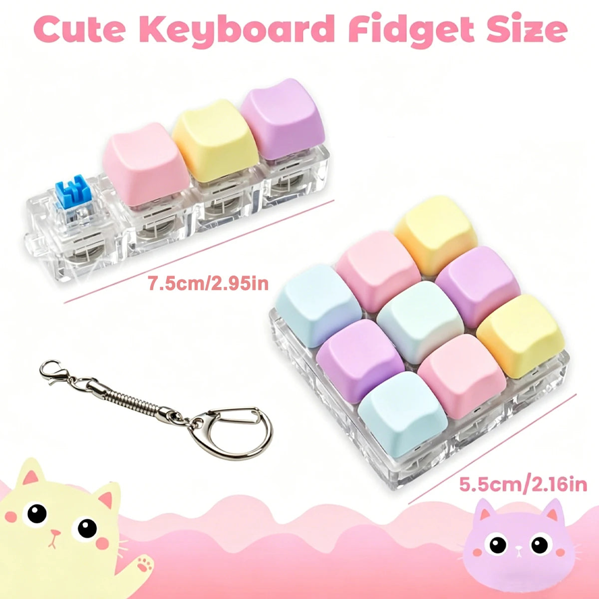 Cute keyboard fidget size LED keychain with 9 tactile buttons in pastel colors