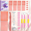 A set of modular diamond painting organizers featuring pink and purple slots and various dot pens.