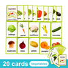 A set of 20 green and yellow vegetable flashcards for kids featuring various fruits and vegetables like carrots, apples, and 
