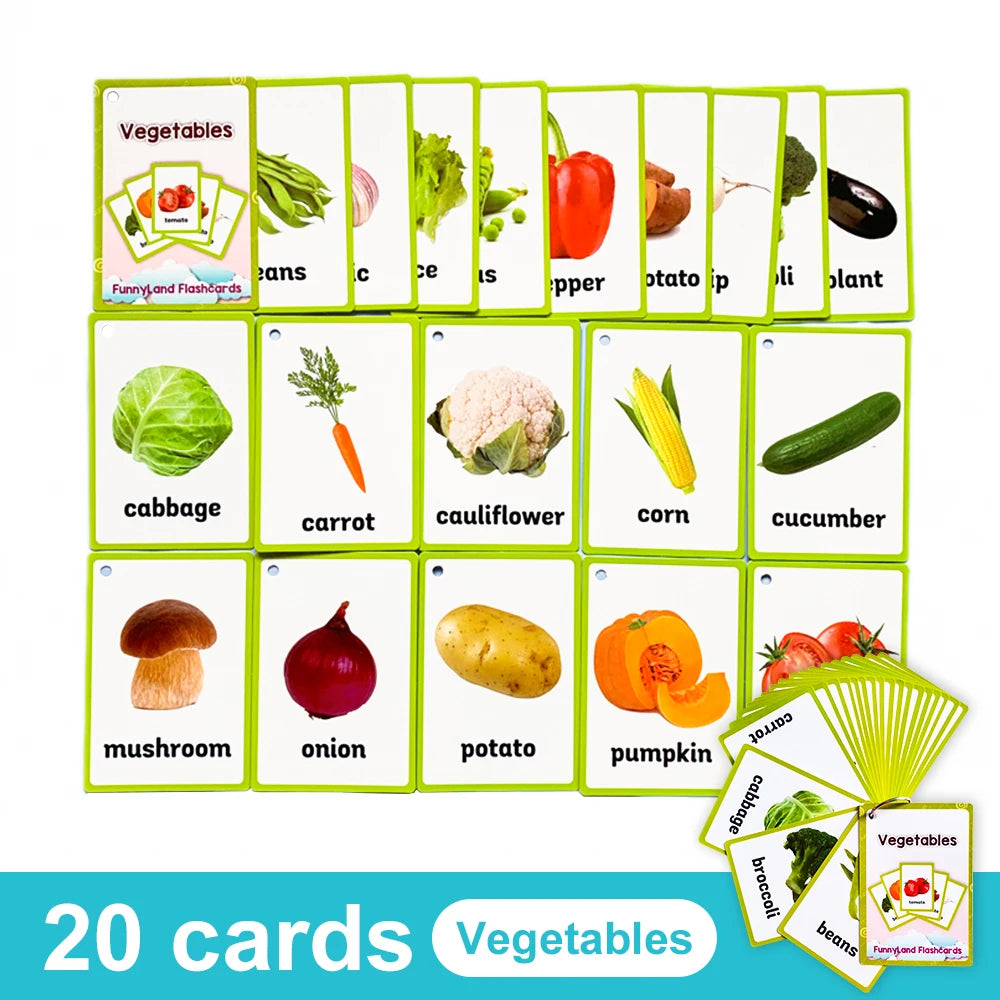A set of 20 green and yellow vegetable flashcards for kids featuring various fruits and vegetables like carrots, apples, and 