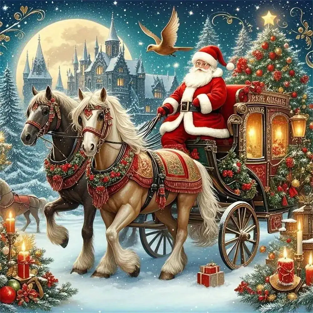 A festive painting kit featuring Santa Claus and reindeer in a winter scene with a large moon and Christmas trees.