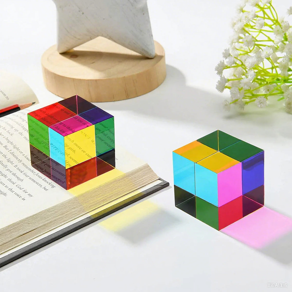 A colorful CMY prism cube with various colored crystals is displayed on a white surface next to a wooden stand and a plant.