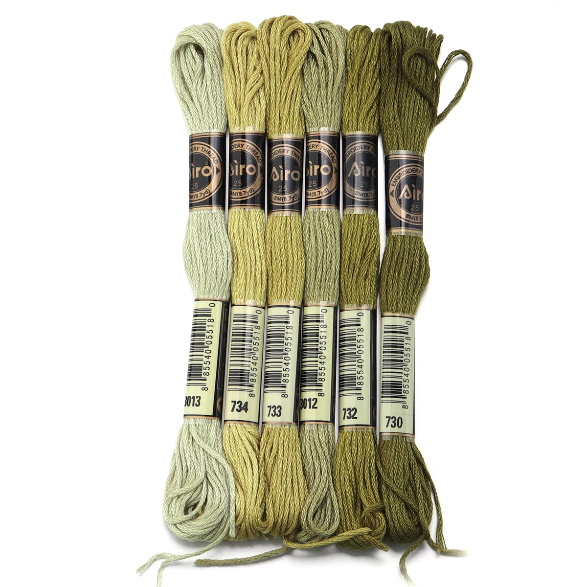 A set of six skeins of vibrant embroidery thread in various shades of natural green and olive.
