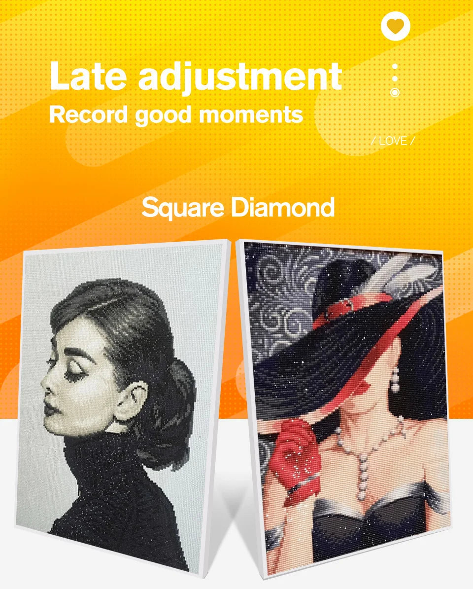Diamond painting kit featuring a portrait of a woman in a black turtleneck and a wide-brimmed hat