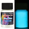 A glass jar of Sky Blue glow-in-the-dark powder for resin art with a black cap.