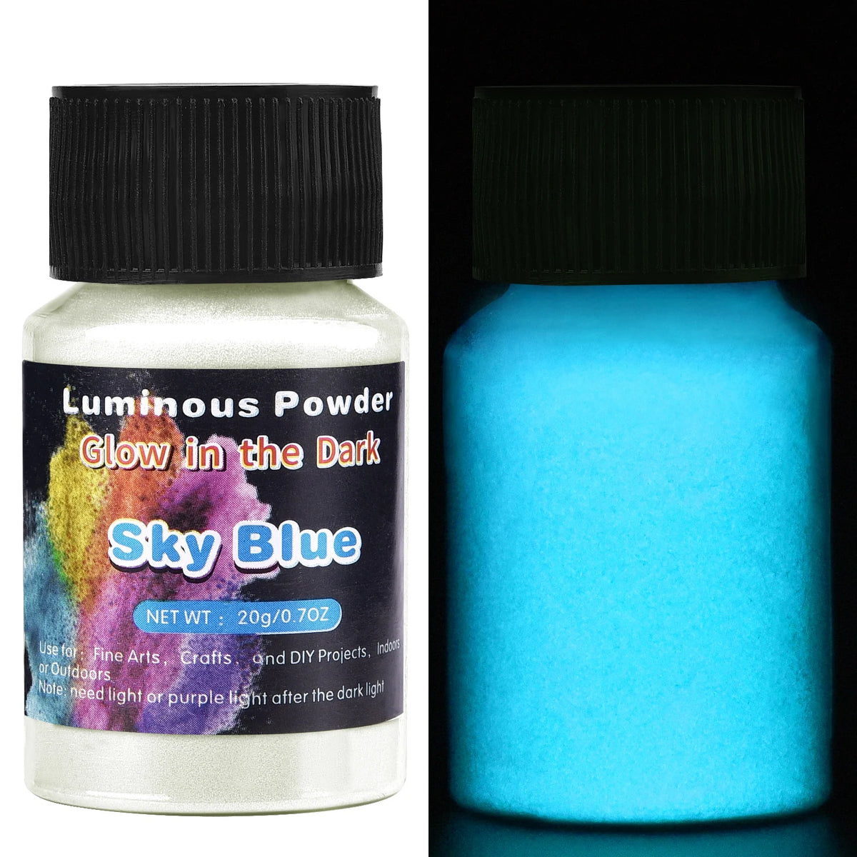 A glass jar of Sky Blue glow-in-the-dark powder for resin art with a black cap.
