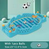 A blue tabletop foosball game set with balls and rods, shown in a light green room setting.