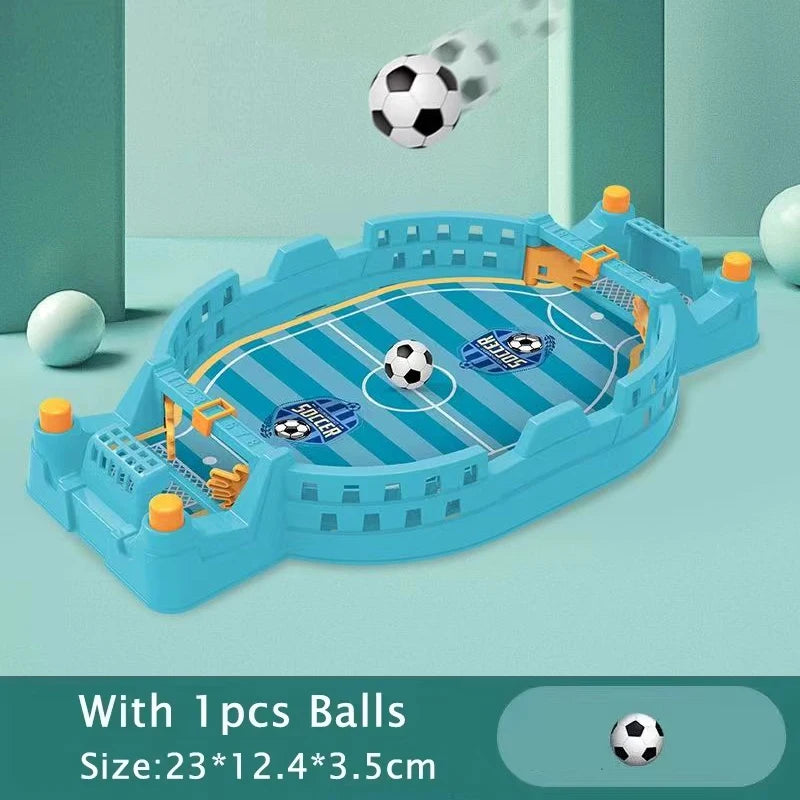 A blue tabletop foosball game set with balls and rods, shown in a light green room setting.
