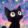 A black cat with large eyes stares up at a vibrant, colorful starry night sky filled with clouds and stars.