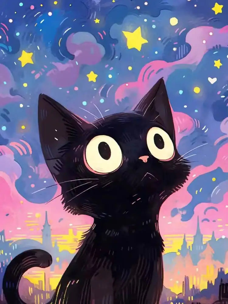 A black cat with large eyes stares up at a vibrant, colorful starry night sky filled with clouds and stars.