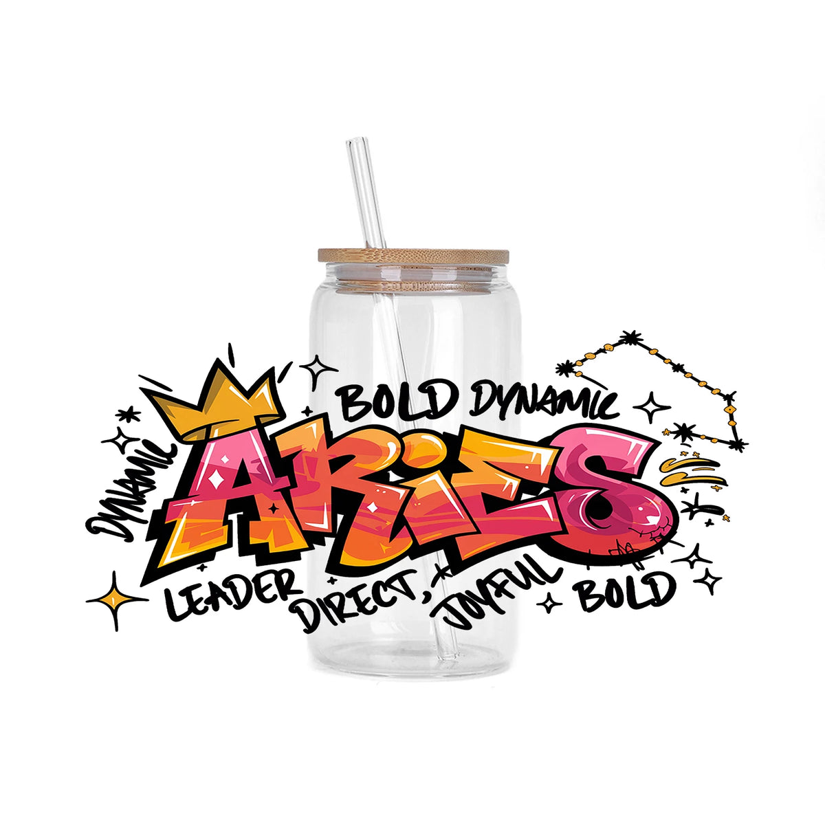 A glass jar filled with liquid and a straw, featuring bold Aries zodiac sign graffiti art on the glass.